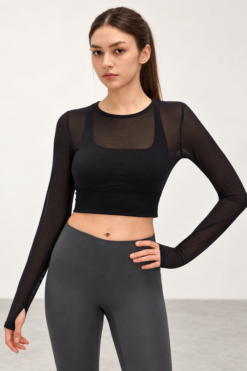 2-in-1 Mesh Long-Sleeve Bra Top