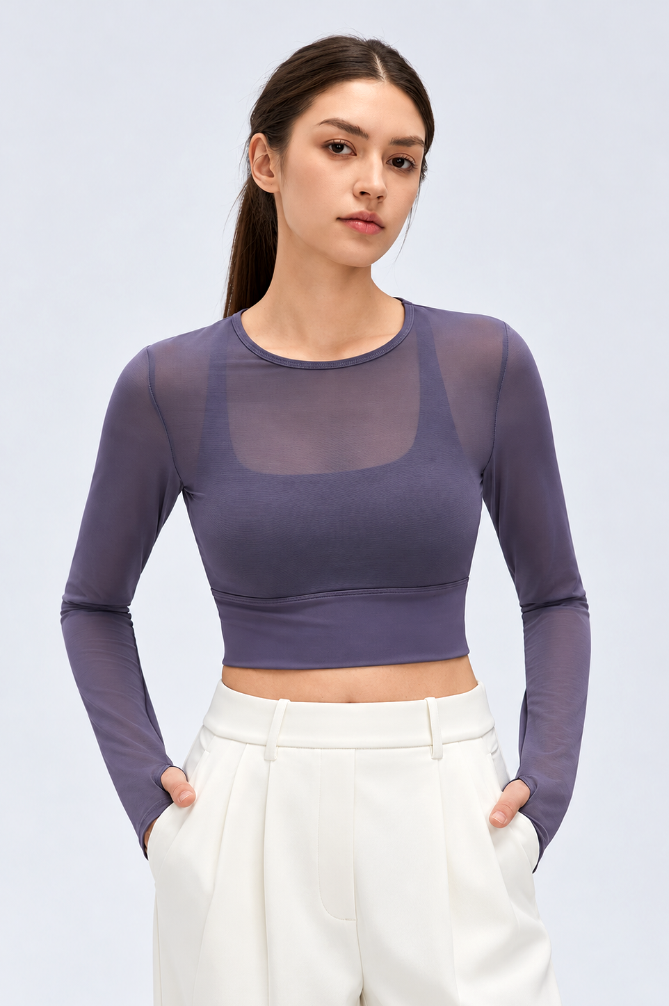 2-in-1 Mesh Long-Sleeve Bra Top