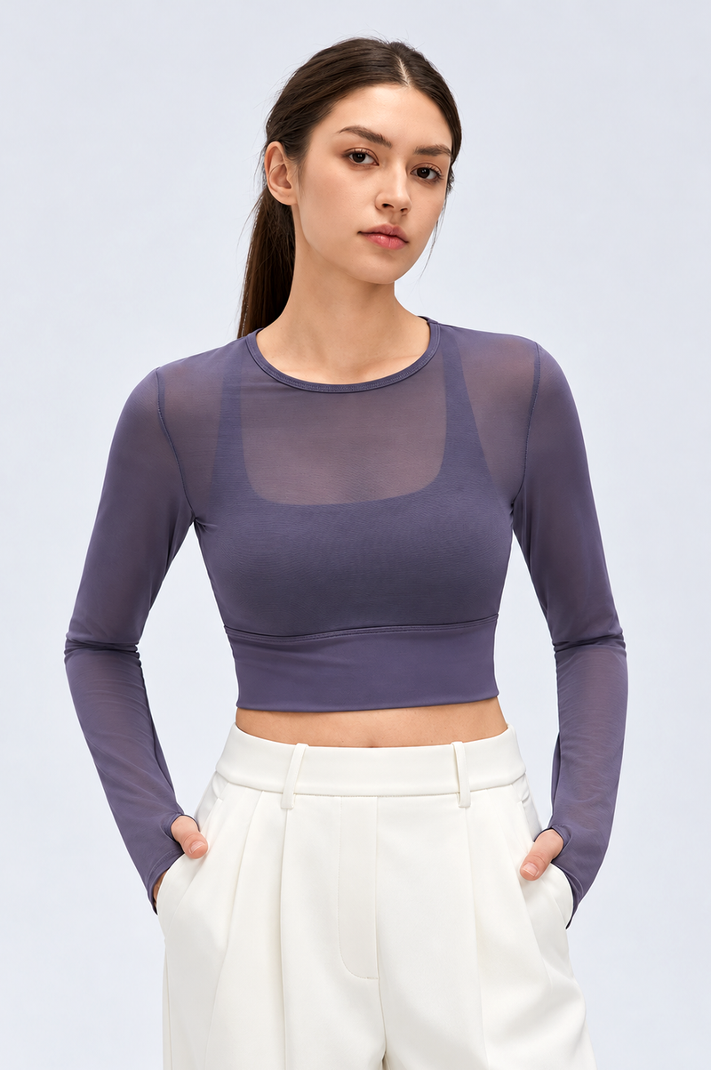 2-in-1 Mesh Long-Sleeve Bra Top