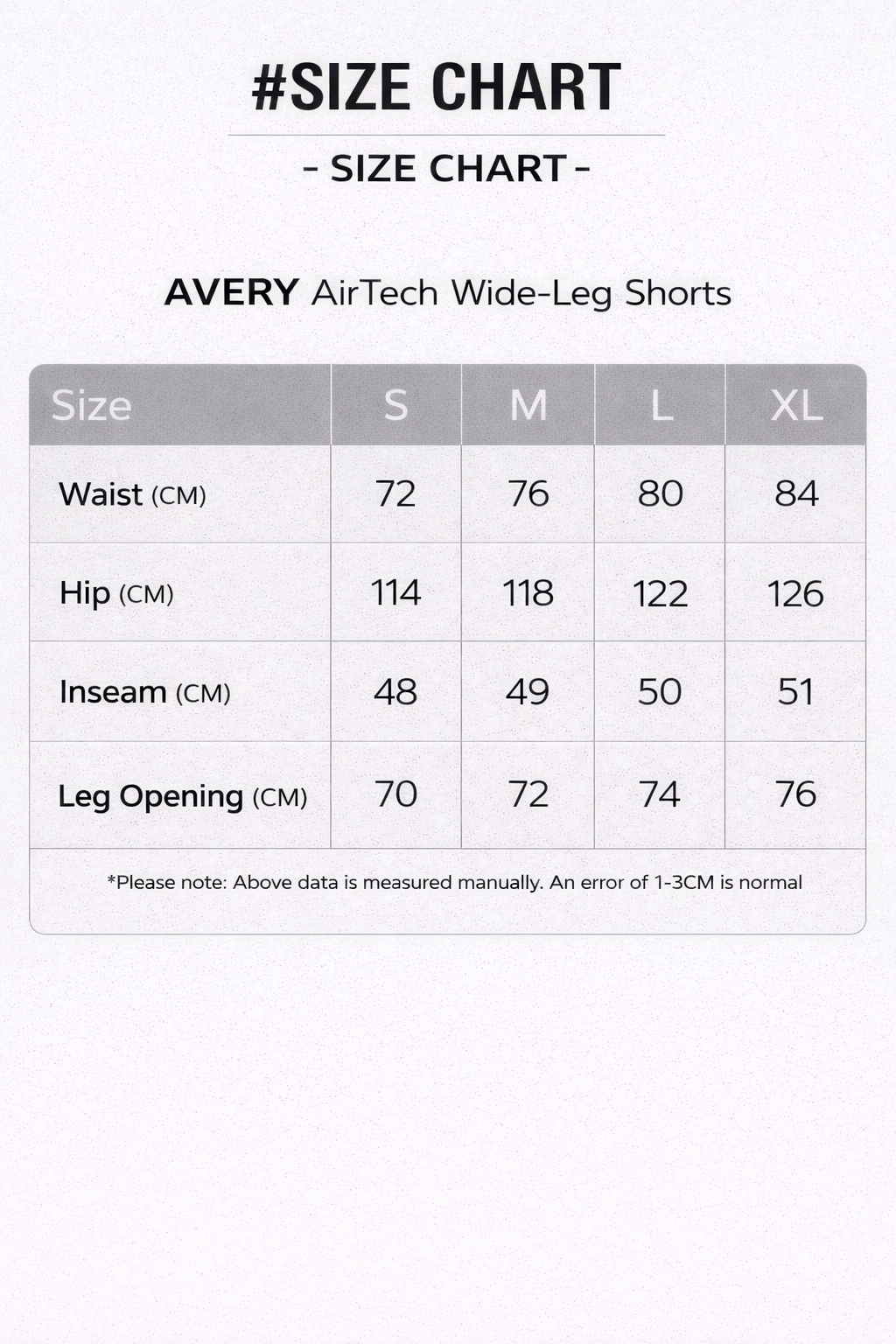 Size chart for Avery Airtech Wide-Leg Short