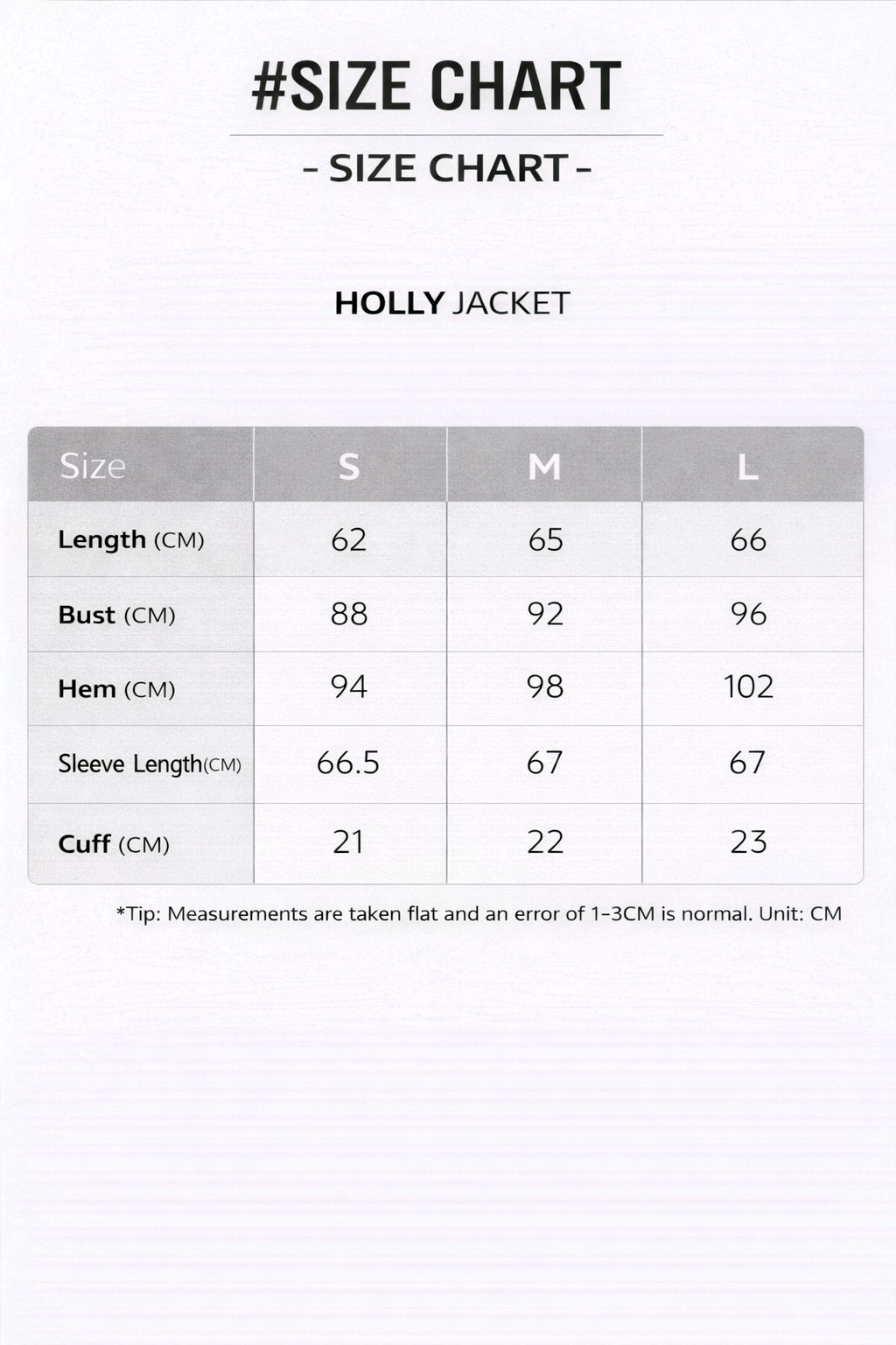 Size chart for 冬青夹克