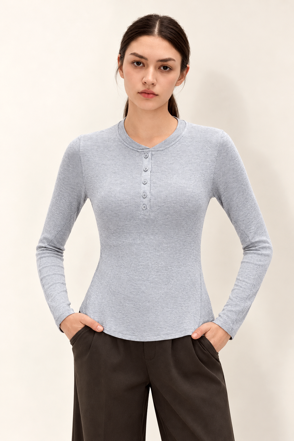Tamia Bamboo-Blend Ribbed Henley Long Sleeve Tee