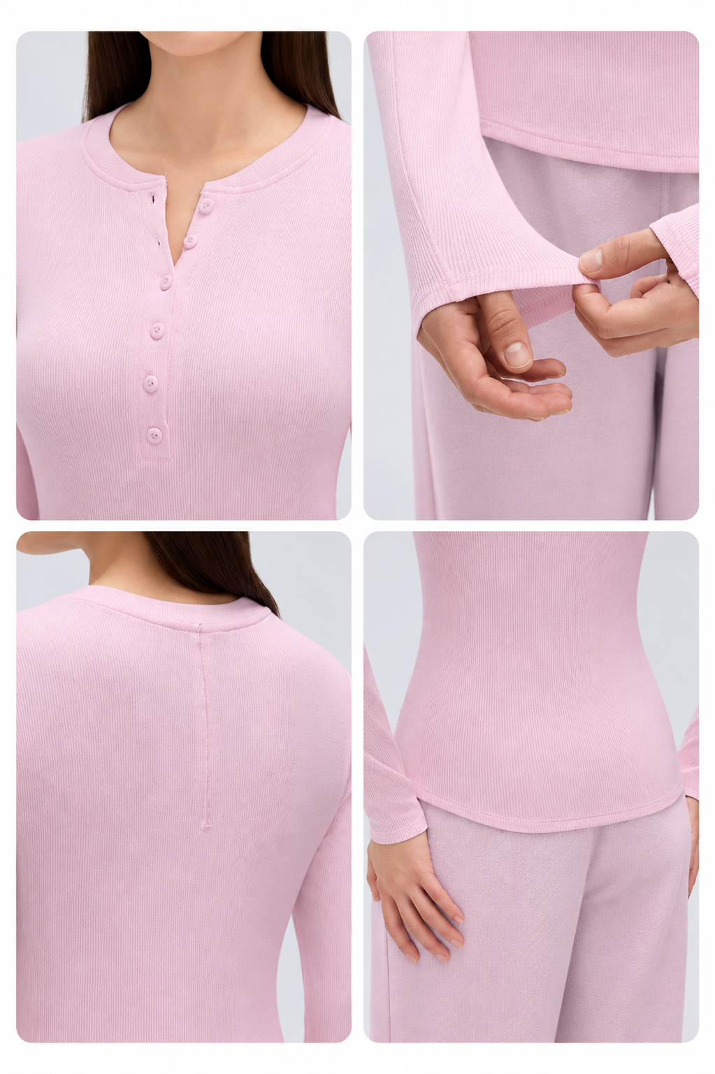 Tamia Bamboo-Blend Ribbed Henley Long Sleeve Tee