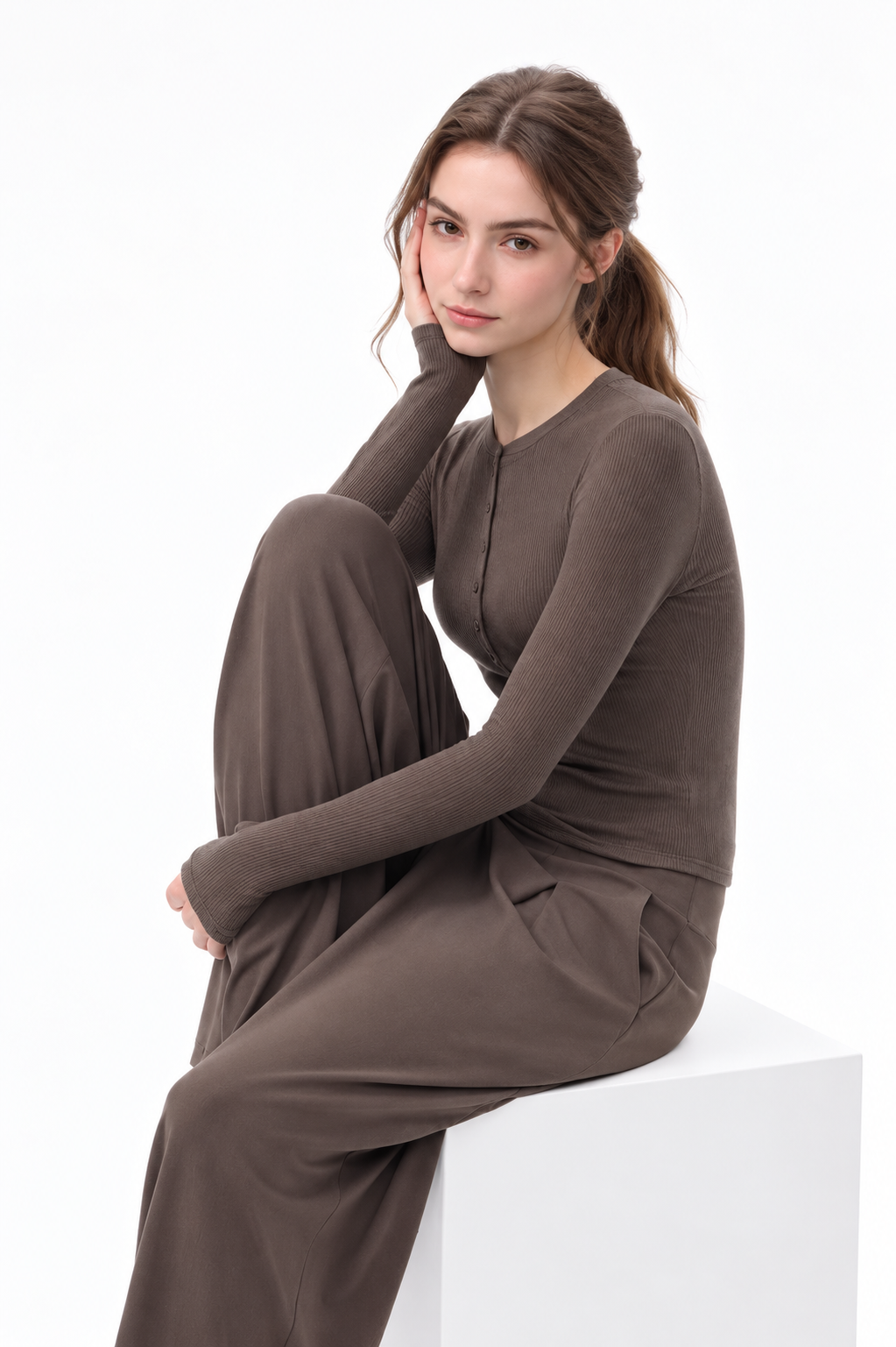 Tamia Bamboo-Blend  Ribbed Henley Long Sleeve Tee