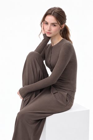 Tamia Bamboo-Blend  Ribbed Henley Long Sleeve Tee - J76 Bamboo Wear