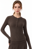 Tamia Bamboo-Blend  Ribbed Henley Long Sleeve Tee