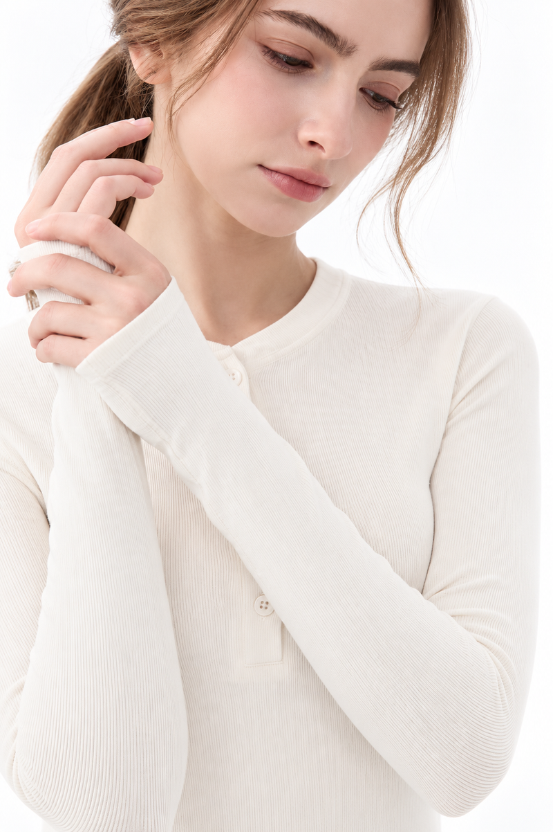 Tamia Bamboo-Blend  Ribbed Henley Long Sleeve Tee