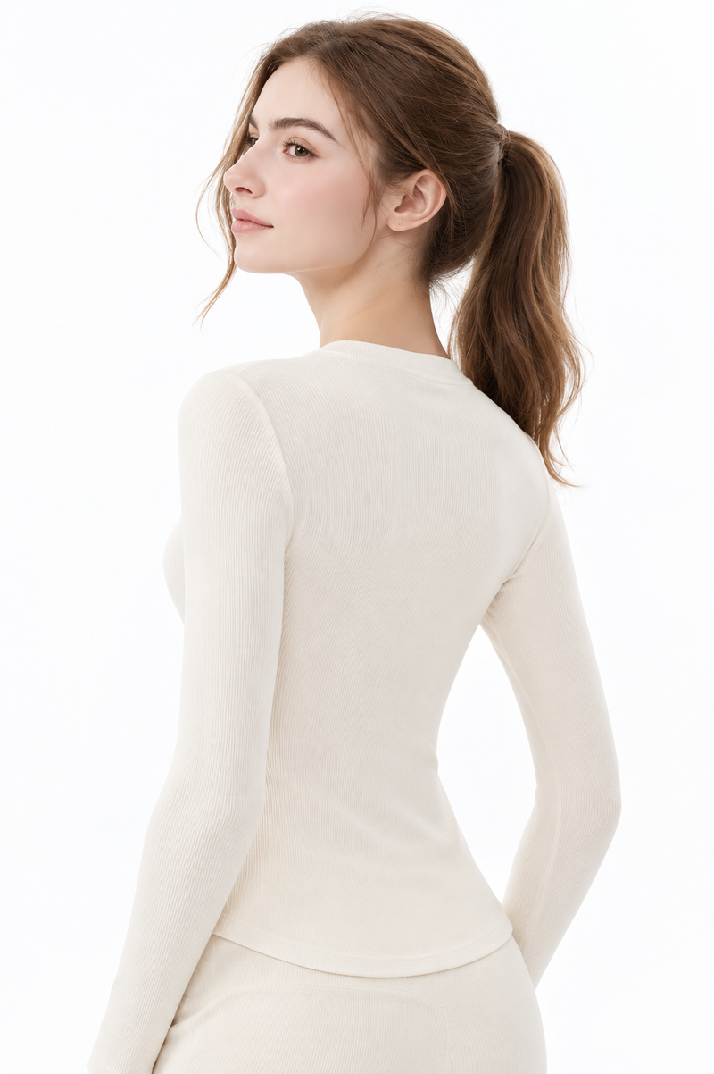 Tamia Bamboo-Blend  Ribbed Henley Long Sleeve Tee