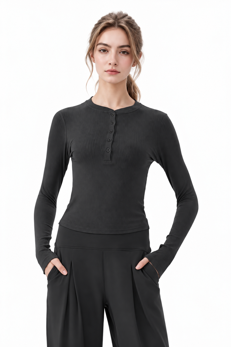 Tamia Bamboo-Blend  Ribbed Henley Long Sleeve Tee
